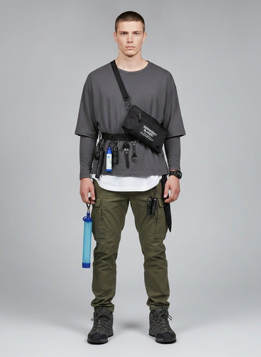 Full body view of the model wearing 20 Piece Camping/Survival Kit (Black)