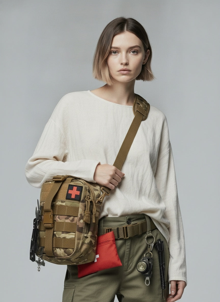 Close-up of the model wearing 54 Piece Camouflage Survival/Camping Kit