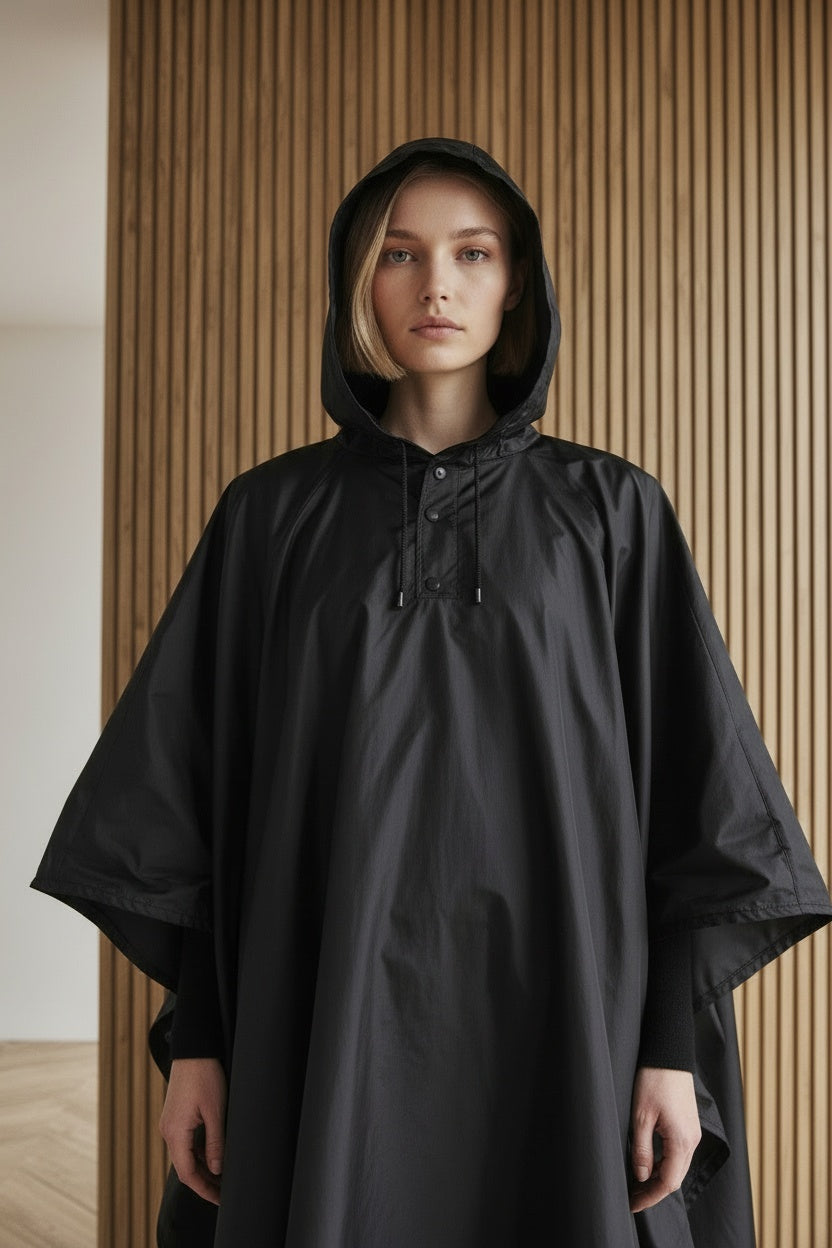 Close-up of the model wearing Ultra-Light Waterproof Poncho | Compact Rain Protection