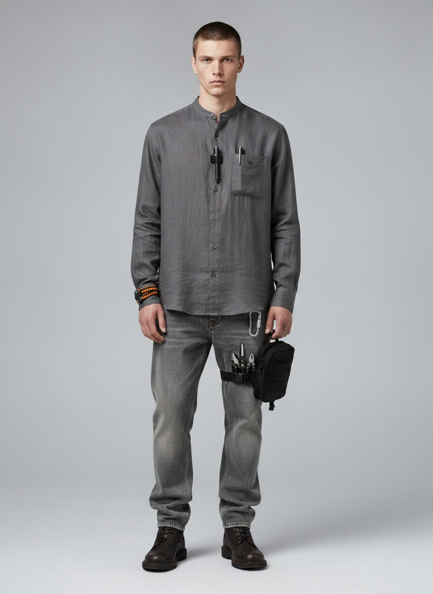 Full body view of the model wearing 9 Piece Survival Kit