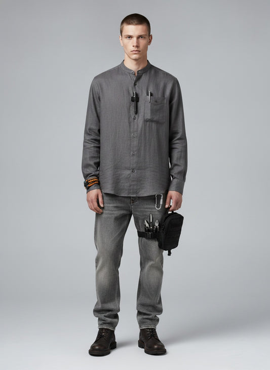 Full body view of the model wearing 9 Piece Survival Kit