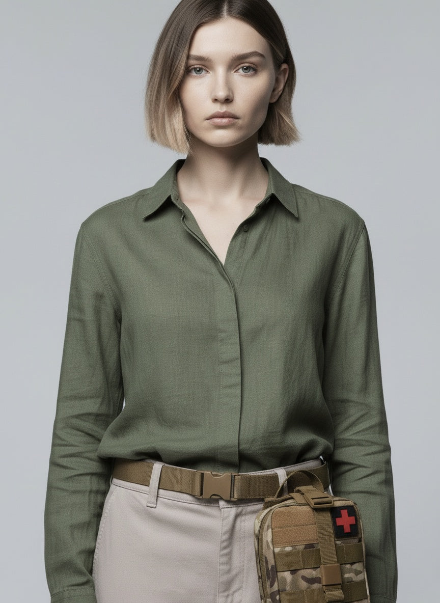 Close-up of the model wearing Outdoor Survival Tactical Bag - Camoflage