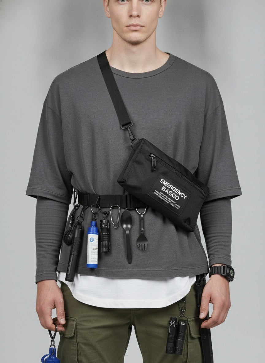 Close-up of the model wearing 20 Piece Camping/Survival Kit (Black)
