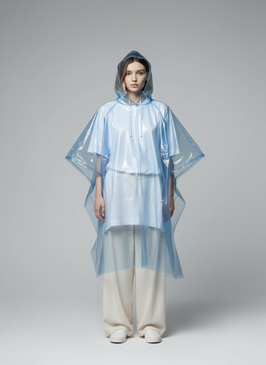 Full body view of the model wearing Emergency Rain Poncho
