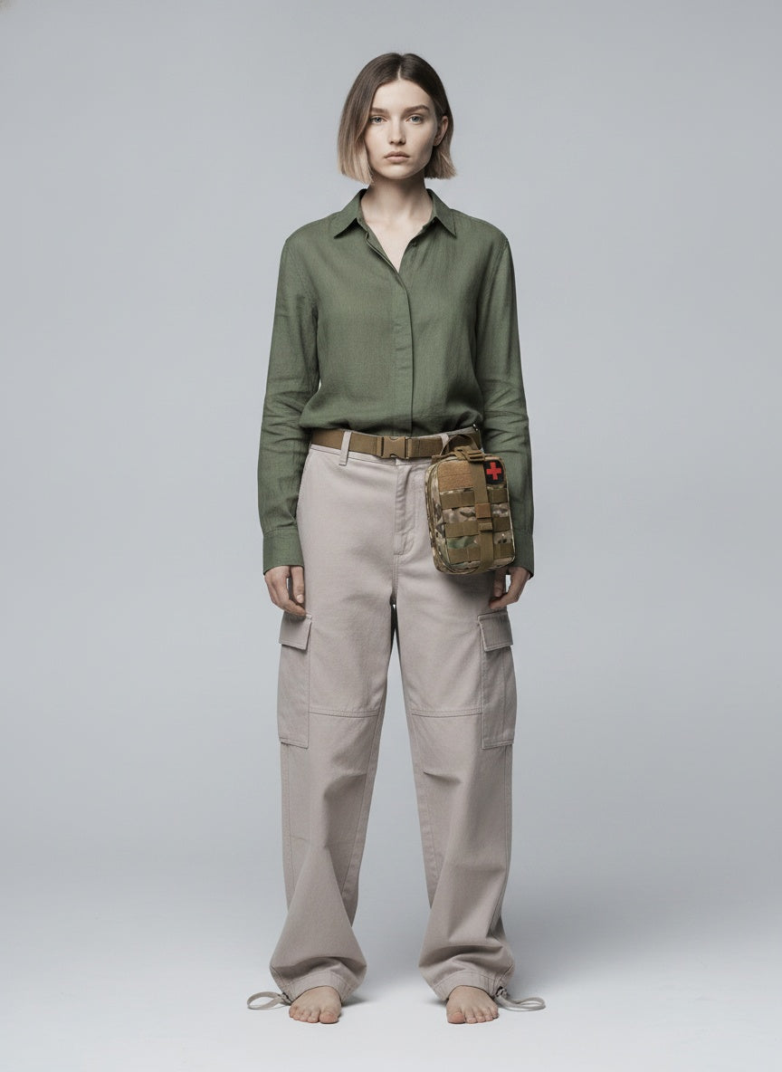 Full body view of the model wearing Outdoor Survival Tactical Bag - Camoflage
