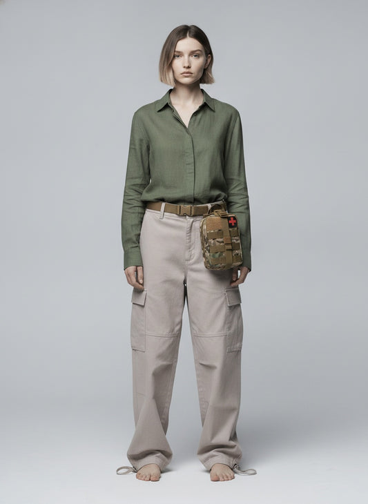 Full body view of the model wearing Outdoor Survival Tactical Bag - Camoflage