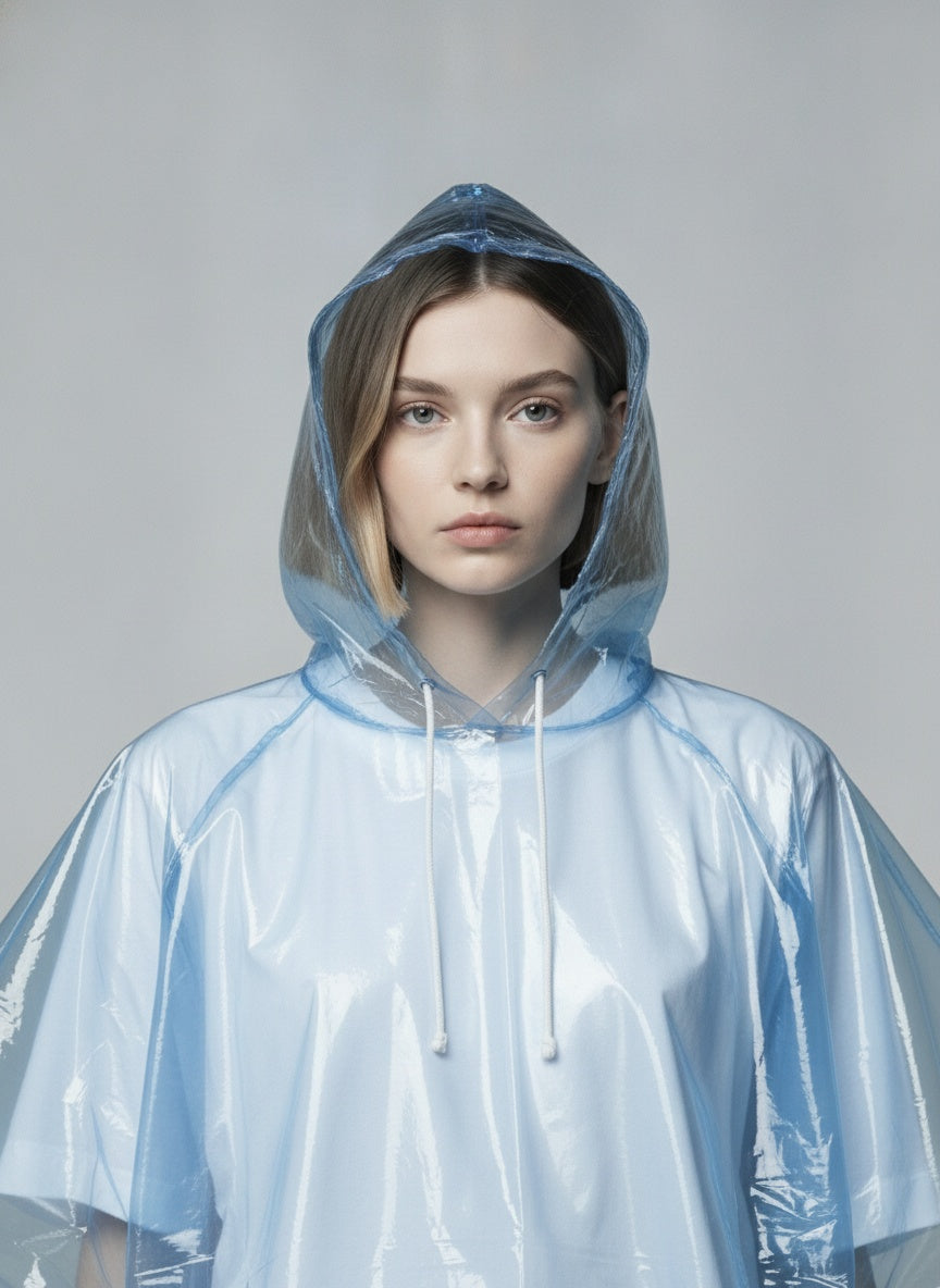Close-up of the model wearing Emergency Rain Poncho