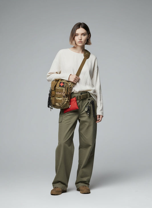 Full body view of the model wearing 54 Piece Camouflage Survival/Camping Kit